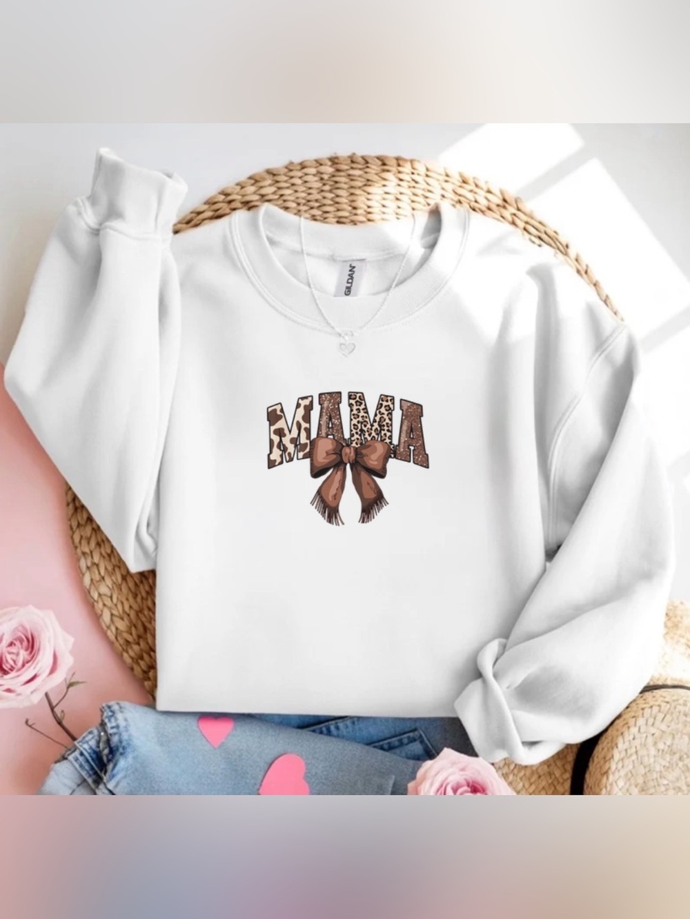 Cow Leopard Print Mama Western Bow White Crewneck Sweatshirt Mom Gift